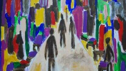 תמנע מוסט, "טיול בשוק בעיר העתיקה", אקריליק על קנבס, 2021