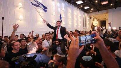 בצלאל סמוטריץ' חוגג במטה המפלגה, אחרי פרסום המדגמים. | יוסי אלוני, פלאש 90