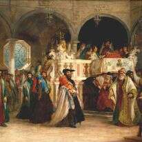 שמחת תורה בבית הכנסת הגדול של ליוורנו, 1850. איור: סלומון הארט