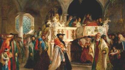 שמחת תורה בבית הכנסת הגדול של ליוורנו, 1850. איור: סלומון הארט