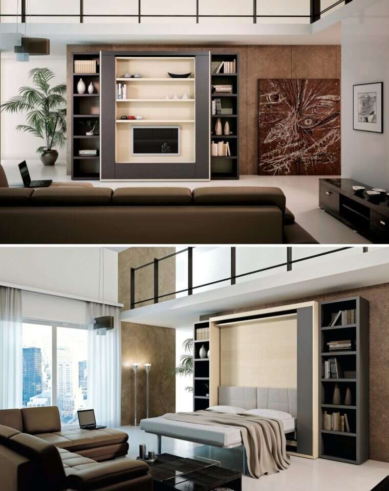 MILANO SMART LIVING, יחידת קיר של מזנון לטלוויזיה ומידוף שנפתחת למיטה זוגית. | מרקו אנצונלי MILANO SMART LIVING, יחידת קיר של מזנון לטלוויזיה ומידוף שנפתחת למיטה זוגית. | מרקו אנצונלי