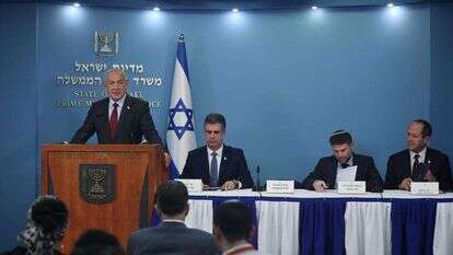 נתניהו, סמוטריץ', כהן וברקת במסיבת העיתונאים. | יונתן זינדל פלאש90