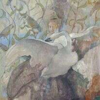 נקבת הבז המבויתת היא מטפורה כמעט לכל הנושאים שהנובלה עוסקת בהם. אן בן אור, "הברבור והרוח", שמן על בד מודבק על עץ, 2022. באדיבות רוטשילד אמנות