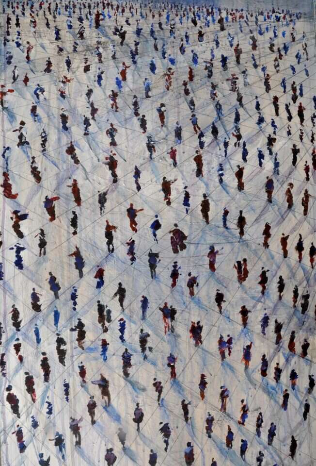 עמי שנער, "הפגנה לא מנומסת בכיכר רבין", אקריליק על בד, 2021 (פרט). מתוך התערוכה "לך לך" שהוצגה בבית האמנים בראשון לציון. | אבי אמסלם