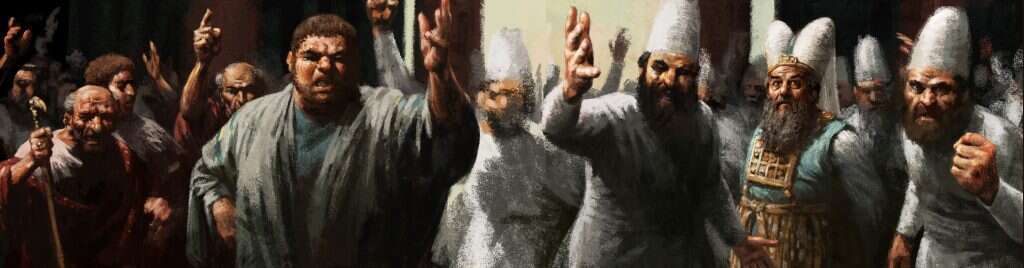 "מישהו מהצדדים יכול לשלוט בגובה הלהבות?". מתוך "אגדת חורבן". איור: מתוך הסרט אגדת חורבן, ציירים דוד פולונסקי ומיכאל פאוסט