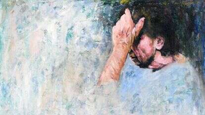 "חובה מוסרית להפריע לאנשים להתאבד". חנה גולדברג, שמן על בד, 2021. | מוקי שוורץ. מתוך התערוכה "עיניים עצומות" המוצגת בגלריה לאמנות במכללת דוד ילין בירושלים