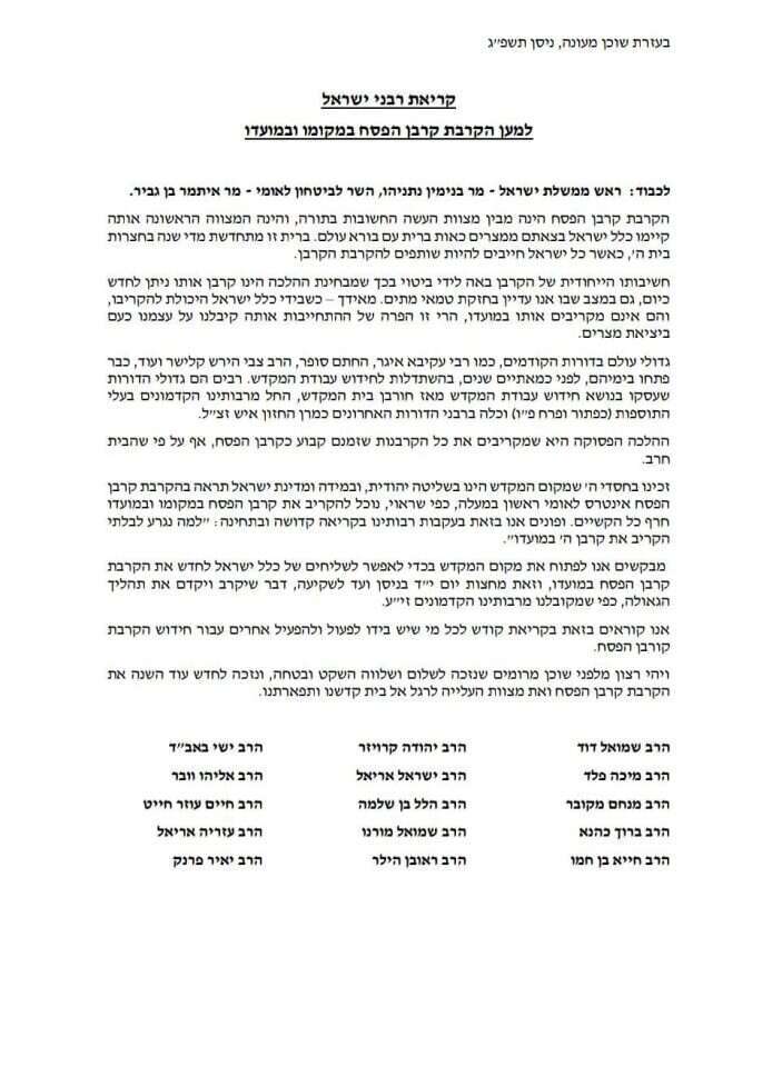 מכתב הרבנים למען הקרבת קורבן הפסח