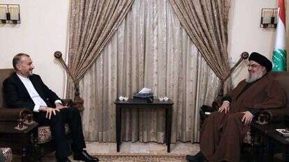 שר החוץ האיראני עבדוליאן עם מזכ"ל חיזבאללה, נסראללה. | AFP