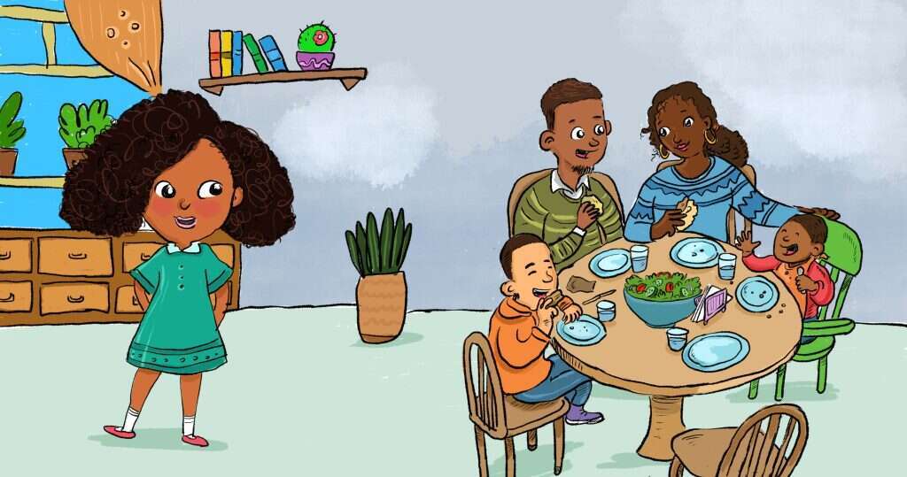 "אנחנו לא מצליחים לדבר עם הילדים על צבע הגוף שלנו". מתוך הספר. איור: עוזי בנימין