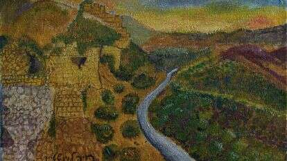 הניה לוינשטיין, נוף עם חורבות בהרים, שמן על בד, 2017