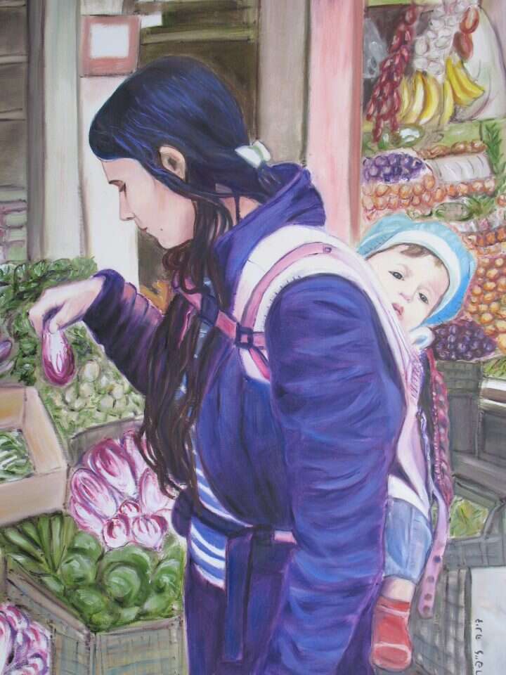 מאותת לנשים קרייריסטיות לחזור לתפקידן המסורתי. דינה זייפר, "אמא וילד בשוק", שמן על בד, 2015