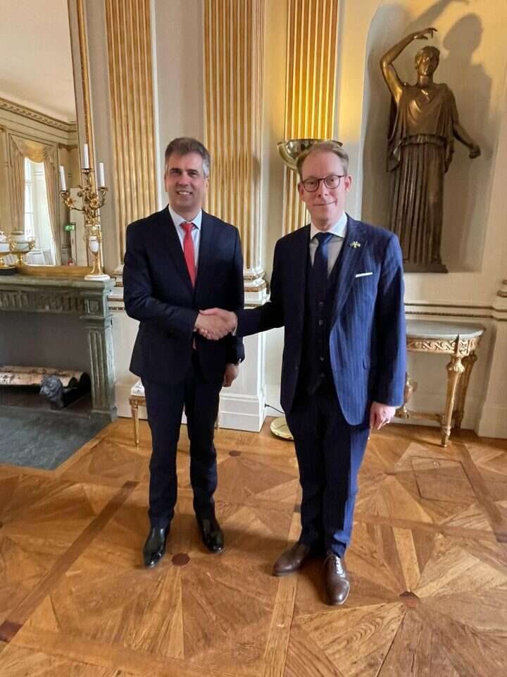 שר החוץ אלי כהן ומקבילו השוודי טוביאס בילסטרום. | MAG, שגרירות ישראל בשוודיה