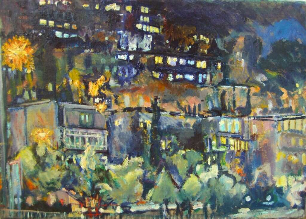 דבי קמפל, רחוב הרצוג, שמן על בד, 2014 . מוצג בימים אלה בגלריה במרכז האמנים תקוע, בתערוכה "עיר בלילה". אוצרת: אביטל וכסלר