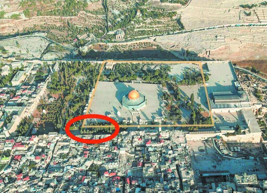 תוואי הר הבית הקדום בתוך הר הבית בימינו. באדום: הקיר שאיתר ריטמאייר. | מירי צחי תוואי הר הבית הקדום בתוך הר הבית בימינו. באדום: הקיר שאיתר ריטמאייר. | מירי צחי