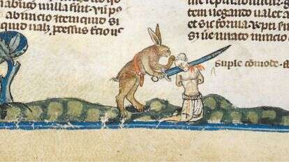 ארנב מוציא להורג צייד, מתוך כתב היד משנת 1340. קרדיט: הספרייה הבריטית