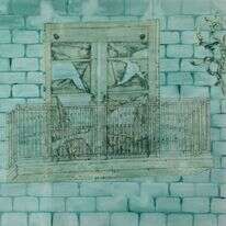 המרכז הרפואי נראה כמו מקום מושלם למות בו. טל גולני, מלון הנשיא (פרט), שמן ומסקנטייפ על נייר פרגמנט, 2022. | טל ניסים. באדיבות בית האמנים ירושלים