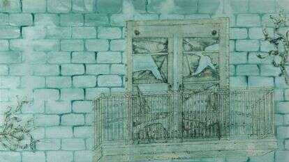 המרכז הרפואי נראה כמו מקום מושלם למות בו. טל גולני, מלון הנשיא (פרט), שמן ומסקנטייפ על נייר פרגמנט, 2022. | טל ניסים. באדיבות בית האמנים ירושלים