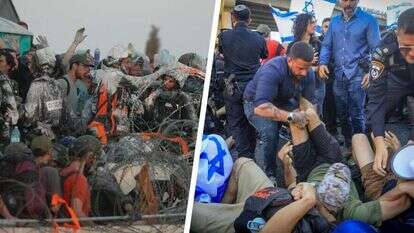 מימין: מפגינים נגד הרפורמה בעימותים עם שוטרים, השבוע | משמאל: מפגינים נגד ההתנתקות בכפר־דרום. | נועם ריבקין - פלאש 90