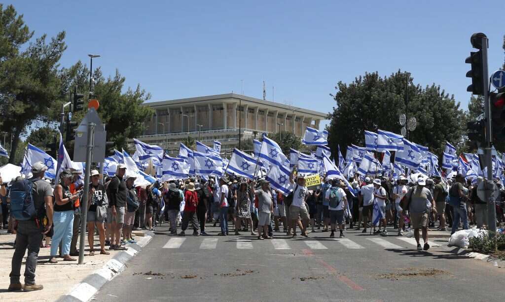 הפגנה נגד הרפורמה המשפטית ליד הכנסת, השבוע. | אי. פי. איי