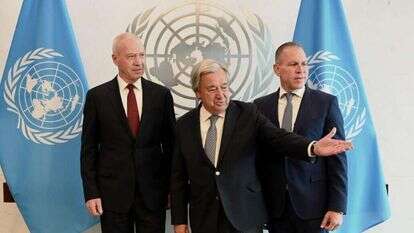 ארדן, מזכ"ל האו"ם גוטרש וגלנט. | אריאל חרמוני, משרד הביטחון