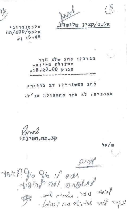 מסמך של חטיבת "אלכסנדרוני" לפיו דב ז"ל לא חזר ממבצע "מדינה", אשר שימש את החוקרים בחקירה. קרדיט: גובר צה"ל