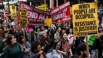 מפגינים תומכי חמאס בניו יורק, למחרת הטבח. | גטי אימג'ס