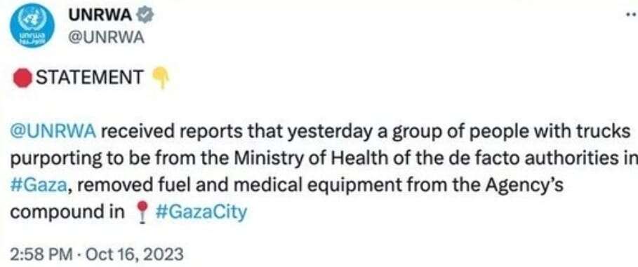 ציוץ מחשבון הטוויטר (X) של אונר"א שנמחק. | מתוך הרשת החברתית