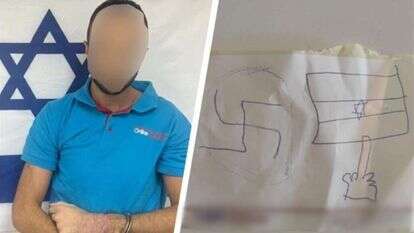 עובד שופרסל שהושעה מעבודתו לצד הציור שצייר. | דוברות המשטרה