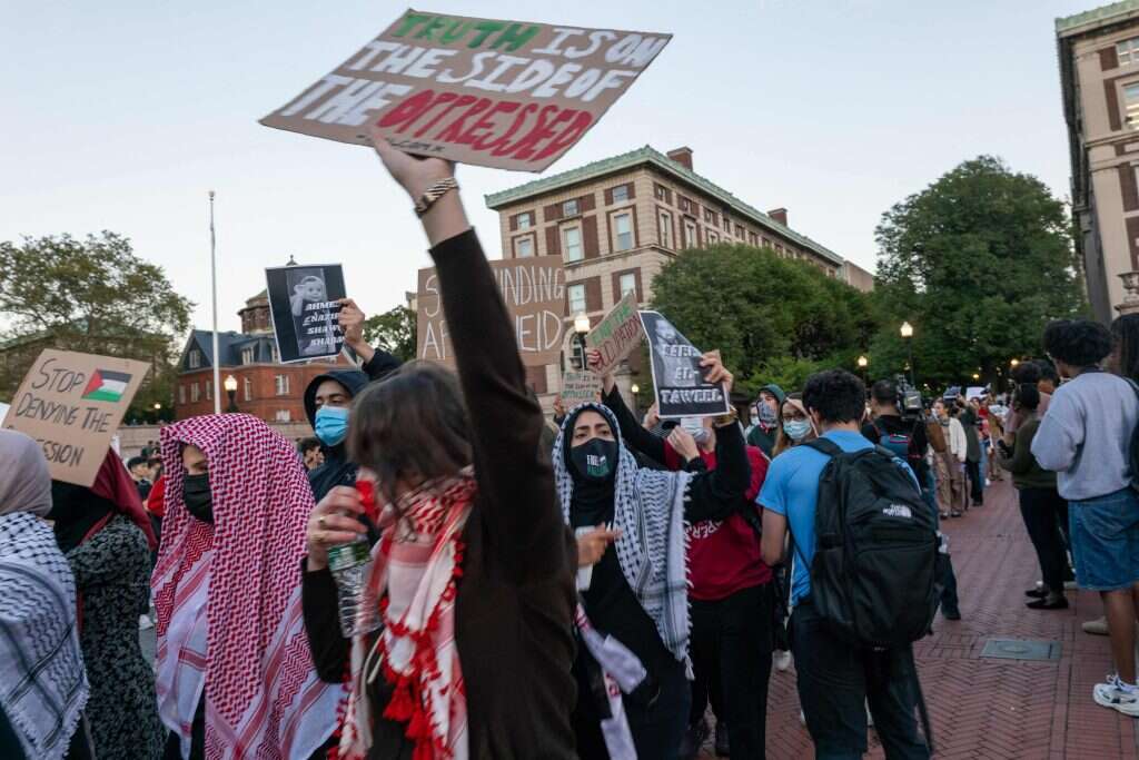הפגנה נגד ישראל באוניברסיטת קולומביה בניו־יורק. | גטי אימג'ס ואיי. אף.פי