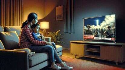 אמא ובן צופים בחדשות, איור: Dall-e3