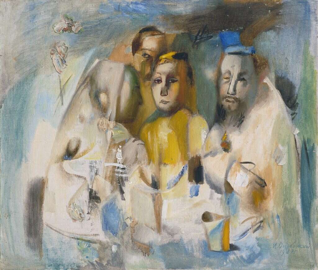 בין דמויות העיירה הצבעוניות בולטת האם הממתינה בדמיונה לשובו של מחזר מהעבר. יוסף אוסטרובסקי, קמפוזיציה, שמן על בד, 1987 בין דמויות העיירה הצבעוניות בולטת האם הממתינה בדמיונה לשובו של מחזר מהעבר. יוסף אוסטרובסקי, קמפוזיציה, שמן על בד, 1987