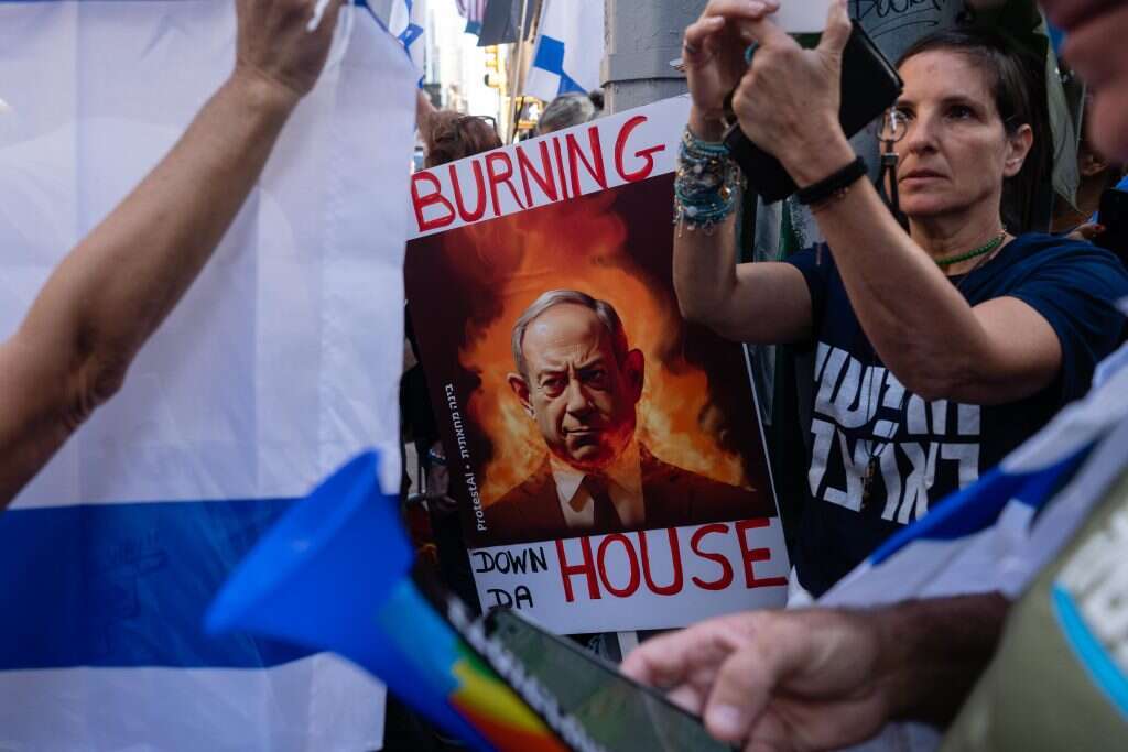 מחאה נגד הרפורמה המשפטית בניו־יורק בזמן פגישת נתניהו עם ביידן. | לוק טרס, פלאש 90