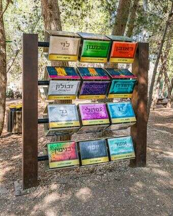 מתקן עם שמותיהם של 12 השבטים בכניסה לתל שילה. | שאטרסטוק