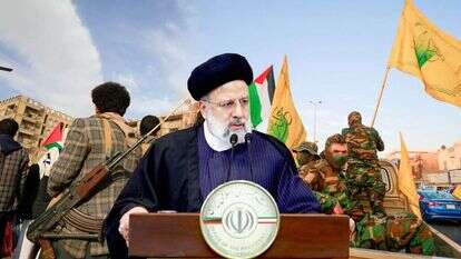 נשיא איראן איברהים ראיסי. ברקע: מחבלי קאטיב חיזבאללה ומחבלים חות'ים בתימן. צילומים: AFP, EPA