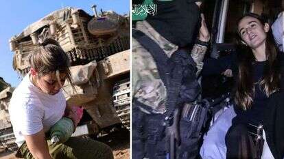 מימין: חטופה מועברת לאנשי הצלב האדום. | AFP. משמאל: לוחמת שריון בגבול הדרום. תומר נאומברג, פלאש 90