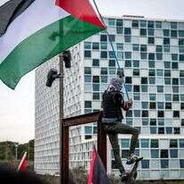 מפגין פרו-פלסטיני מניף דגל אש"ף מול בית הדין הפלילי הבינלאומי בהאג. | AFP