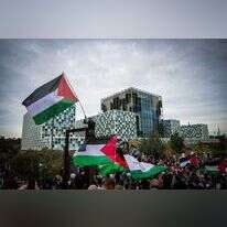 הפגנה פרו־פלסטינית מול בית הדין הבינלאומי בהאג. | אי.פי.איי