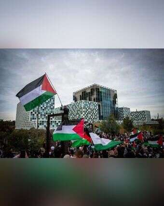 הפגנה פרו־פלסטינית מול בית הדין הבינלאומי בהאג. | אי.פי.איי