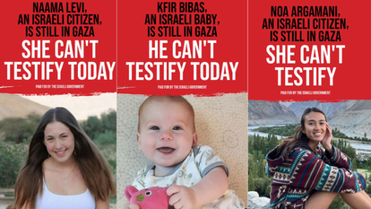 קמפיין להחזרת החטופים. מימין: נועה ארגמני, כפיר ביבס ונעמה לוי