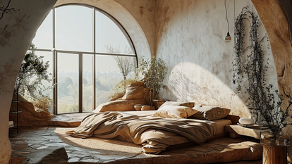 חדר שנה מעוצב בצבעי אדמה של טמבור. | Market Blend