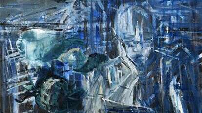 פכים קטנים ומביכים מצטברים לאיטם, ופתאום אדם מבין את משמעות גילו. אביגיל פריד, "עמוס", שמן על בד, 2021