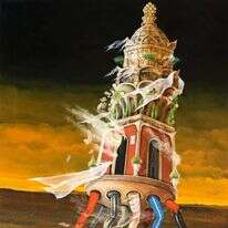 יותר מדי אנשים, יותר מדי חדרים, יותר מדי מפלסים בבית שלא מפסיק להיבנות. ברוך אלרון, "מגדל בבל", שמן על בד, 1997. מוצג בתערוכה "ישראל - אובדן התקווה והתקומה", מוזיאון הצייר משה קסטל, מעלה אדומים