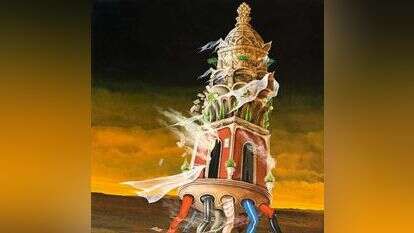 יותר מדי אנשים, יותר מדי חדרים, יותר מדי מפלסים בבית שלא מפסיק להיבנות. ברוך אלרון, "מגדל בבל", שמן על בד, 1997. מוצג בתערוכה "ישראל - אובדן התקווה והתקומה", מוזיאון הצייר משה קסטל, מעלה אדומים