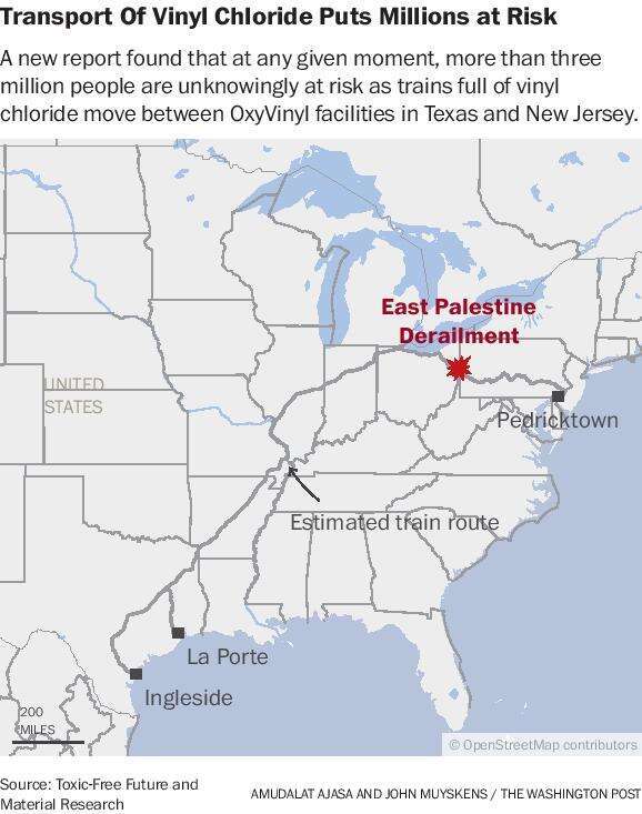 מפת מזרח ארצות הברית והמסלול שרכבות המשא עוברות בו, מטקסס לניו-ג'רזי. התמונה באדיבות הוושינגטון פוסט