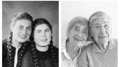 האחיות ברכה וקטקה לפני המלחמה ובשנות השמונים לחייהן. | באדיבות טום ארטון, מתוך הספר