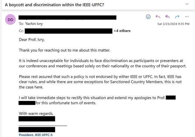 תכתובת המייל בה נשיא ה-IEEE התנצל על ביטול הזמנתו של האקדמאי הישראלי לכנס