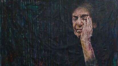 האם העיוורת למחצה התקשתה לשאת את סובביה חנה גולדברג, שמן על בד, 2022 . מתוך התערוכה "עיניים עצומות", המכללה ע"ש דוד ילין בירושלים