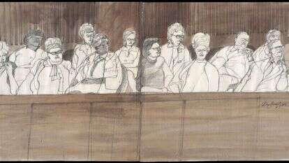 האמריקנים גאים מאוד בשיטה הייחודית הקוראת לאזרחים מהשורה להתייצב למילוי ייעודם הדמוקרטי. חבר מושבעים בבית משפט בשיקגו. איור: פרנקלין מקהמן, גטי אימג'ס