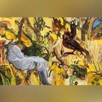 השיעור הכואב של היציאה מהילדות. ורד הקרט, "מתאבל לאין קץ", טכניקה מעורבת, קולאז׳ ושמן על בד, 2022