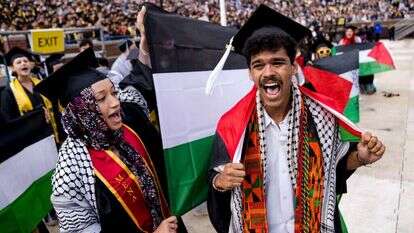 מפגינים נגד ישראל באוניברסיטת מישיגן. | AFP